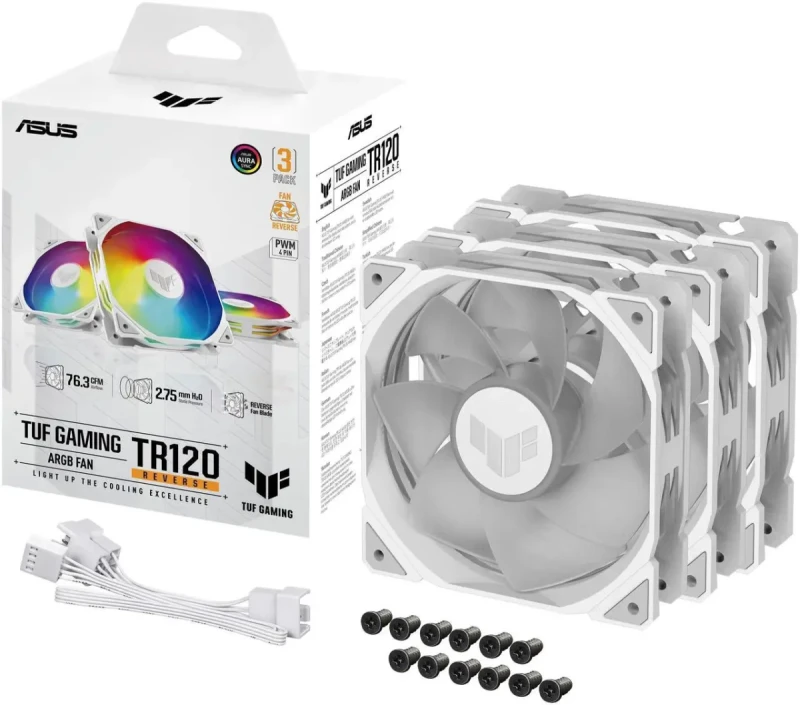 ASUS TUF Gaming TR120 120mm ARGB White Reverse Fan Blade Triple Pack 28mm Fan Frame, 2.75mm H2O Static Pressure, 76.3 CFM Airflow, Double-layer LED Array, Flexible Side Pattern, Aura Sync, PWM fan - Image 9