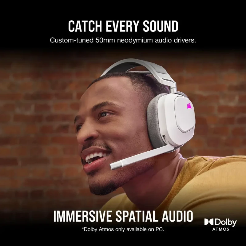 Corsair HS80 RGB Wireless Premium Gaming Headset with Dolby Atmos Audio (Low-Latency, Omni-Directional Microphone, 60ft Range, Up to 20 Hours Battery Life, PS5/PS4 Wireless Compatibility) White - Image 3