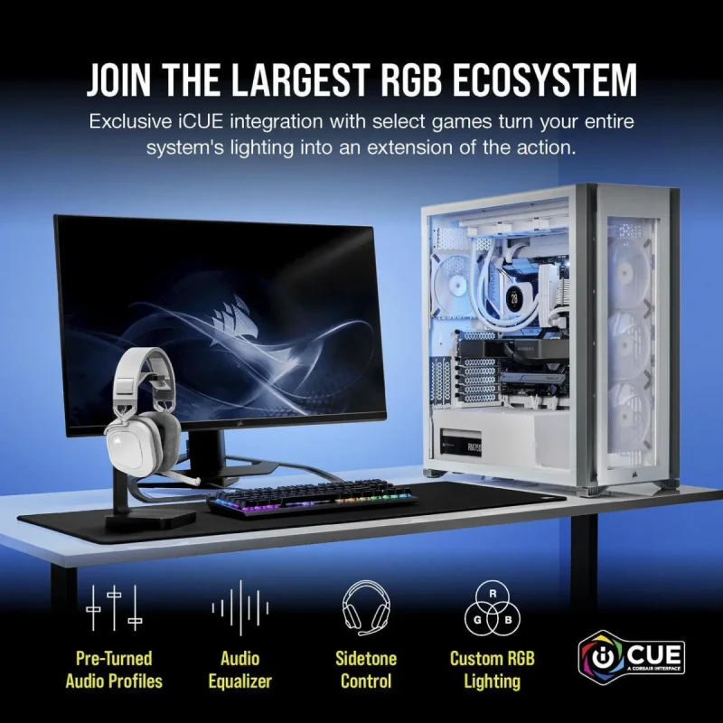 Corsair HS80 RGB Wireless Premium Gaming Headset with Dolby Atmos Audio (Low-Latency, Omni-Directional Microphone, 60ft Range, Up to 20 Hours Battery Life, PS5/PS4 Wireless Compatibility) White - Image 7