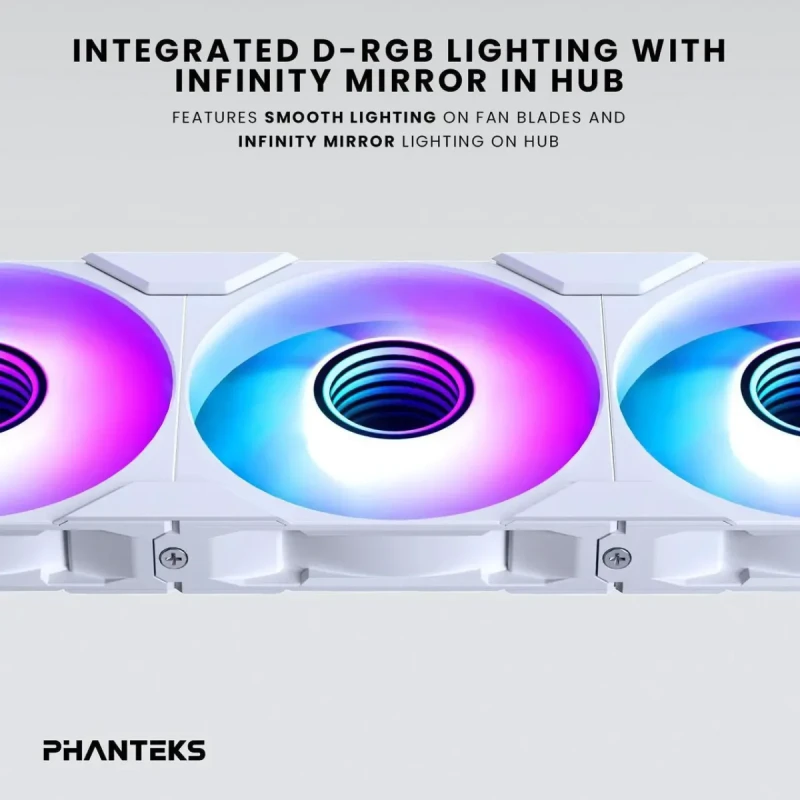 Phanteks M25-120 Gen2 Reversed Blade Triple Pack, 3x 120mm ARGB High Performance Cooling Fans, Daisy-chain Unified Fan Frame, Infinity Mirror hub, single cable connection, White - Image 4