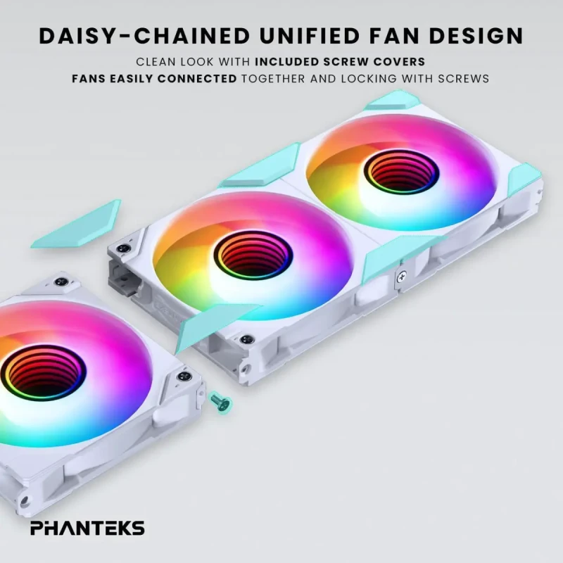 Phanteks M25-120 Gen2 Reversed Blade Triple Pack, 3x 120mm ARGB High Performance Cooling Fans, Daisy-chain Unified Fan Frame, Infinity Mirror hub, single cable connection, White - Image 5