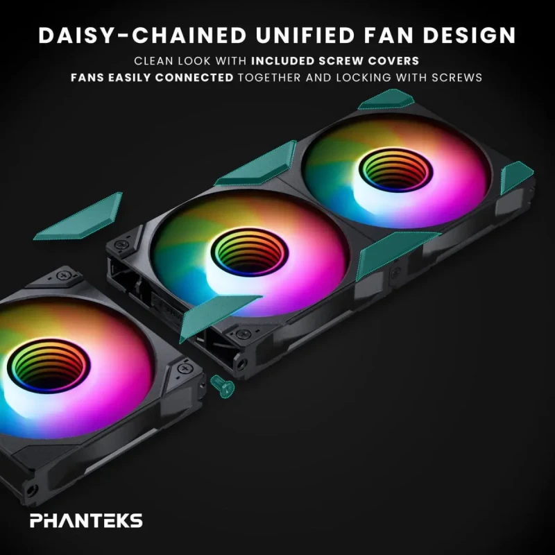 Phanteks M25-140 Gen2 Reversed Blade Triple Pack, 3x 140mm ARGB High Performance Cooling Fans, Daisy-chain Unified Fan Frame, Infinity Mirror hub, single cable connection, Black - Image 5