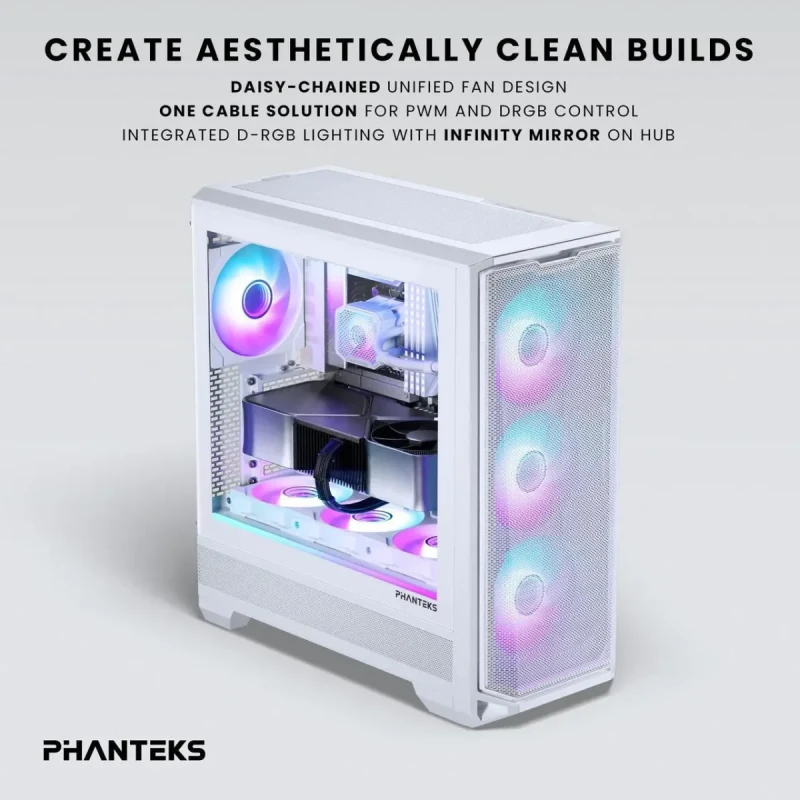 Phanteks M25-140 Gen2 Triple Pack, 3x 140mm ARGB High Performance Cooling Fans, Daisy-chain Unified Fan Frame, Infinity Mirror hub, single cable connection, White - Image 8