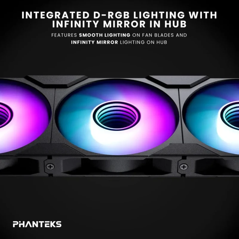 Phanteks M25-120 Gen2 Reversed Blade Triple Pack, 3x 120mm ARGB High Performance Cooling Fans, Daisy-chain Unified Fan Frame, Infinity Mirror hub, single cable connection, Black - Image 4