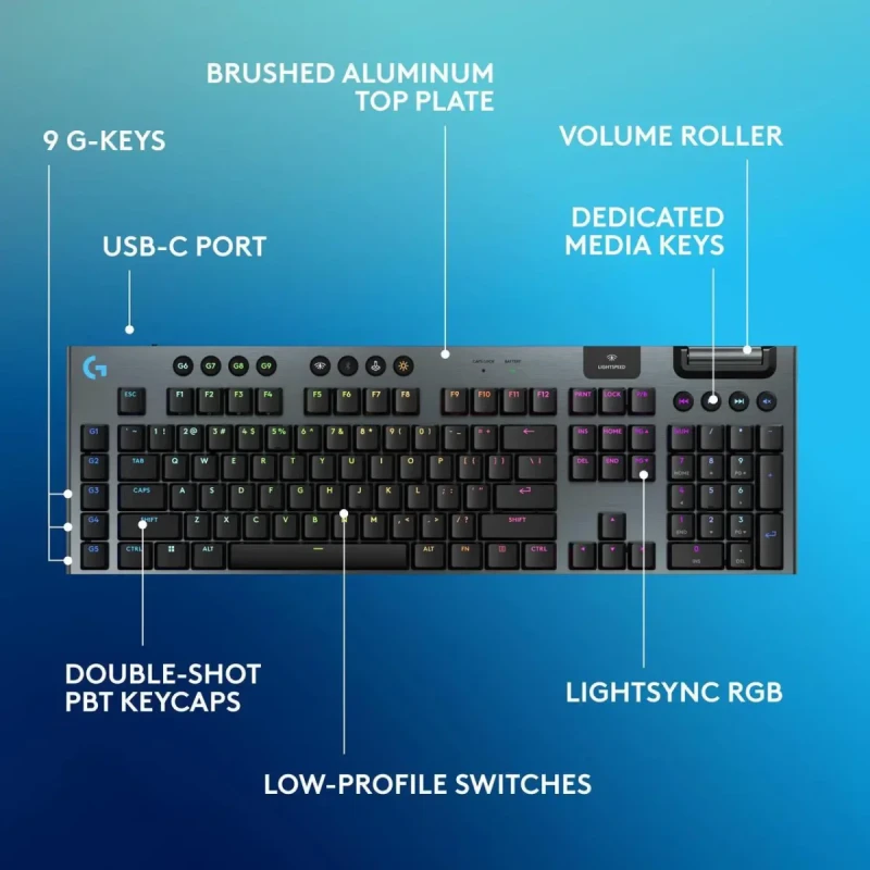 Logitech G915 X LIGHTSPEED Low Profile Wireless Mechanical Gaming Keyboard - GL Brown Tactile Switches, RGB Backlighting - Black - Image 6