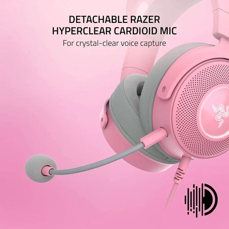 Razer Kraken Kitty V2 Pro Wired RGB Headset: Interchangeable Ears (Kitty, Bear, Bunny) - Stream Reactive Lighting - Detachable HyperClear Cardioid Mic - 50mm Drivers - 7.1 Surround Sound - Quartz Pink - Image 4