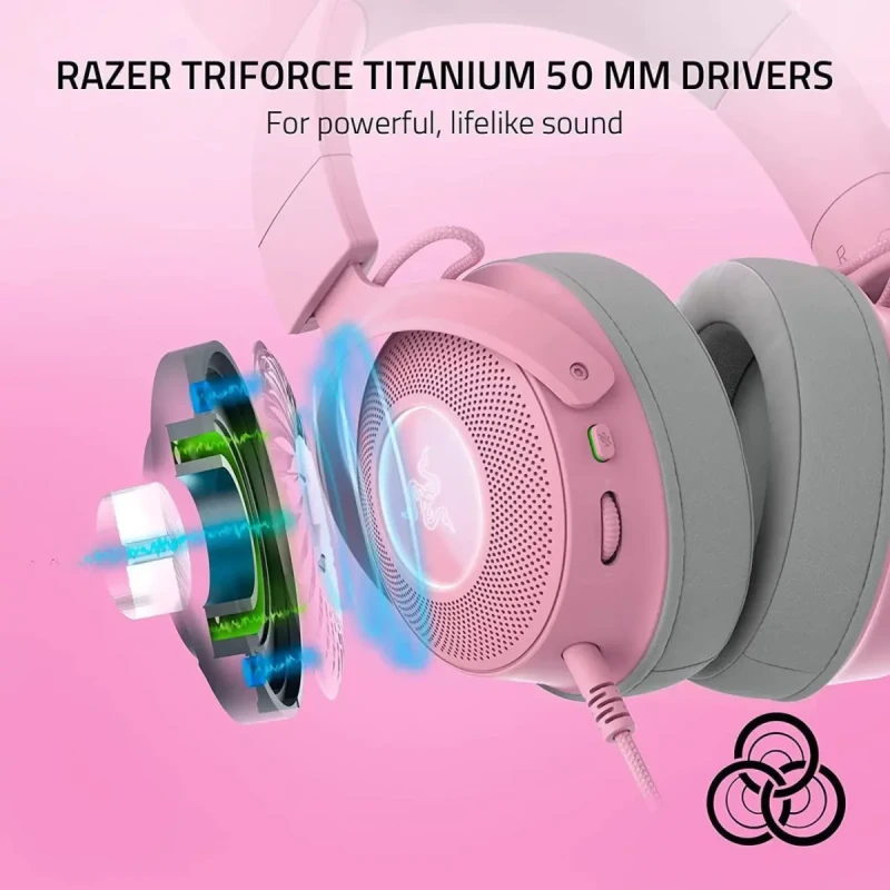 Razer Kraken Kitty V2 Pro Wired RGB Headset: Interchangeable Ears (Kitty, Bear, Bunny) - Stream Reactive Lighting - Detachable HyperClear Cardioid Mic - 50mm Drivers - 7.1 Surround Sound - Quartz Pink - Image 5