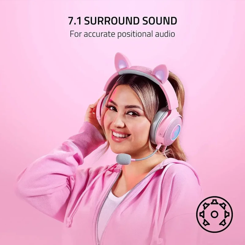 Razer Kraken Kitty V2 Pro Wired RGB Headset: Interchangeable Ears (Kitty, Bear, Bunny) - Stream Reactive Lighting - Detachable HyperClear Cardioid Mic - 50mm Drivers - 7.1 Surround Sound - Quartz Pink - Image 6
