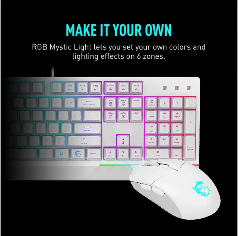 MSI Vigor GK30 Gaming Keyboard & GM11 Gaming Mouse Combo - Mechanical Membrane Switches, 6-Zone RGB, Water Repellent & Splash-Proof, 5000 DPI - White - Image 5