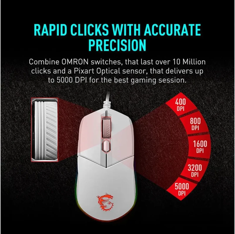 MSI Vigor GK30 Gaming Keyboard & GM11 Gaming Mouse Combo - Mechanical Membrane Switches, 6-Zone RGB, Water Repellent & Splash-Proof, 5000 DPI - White - Image 6