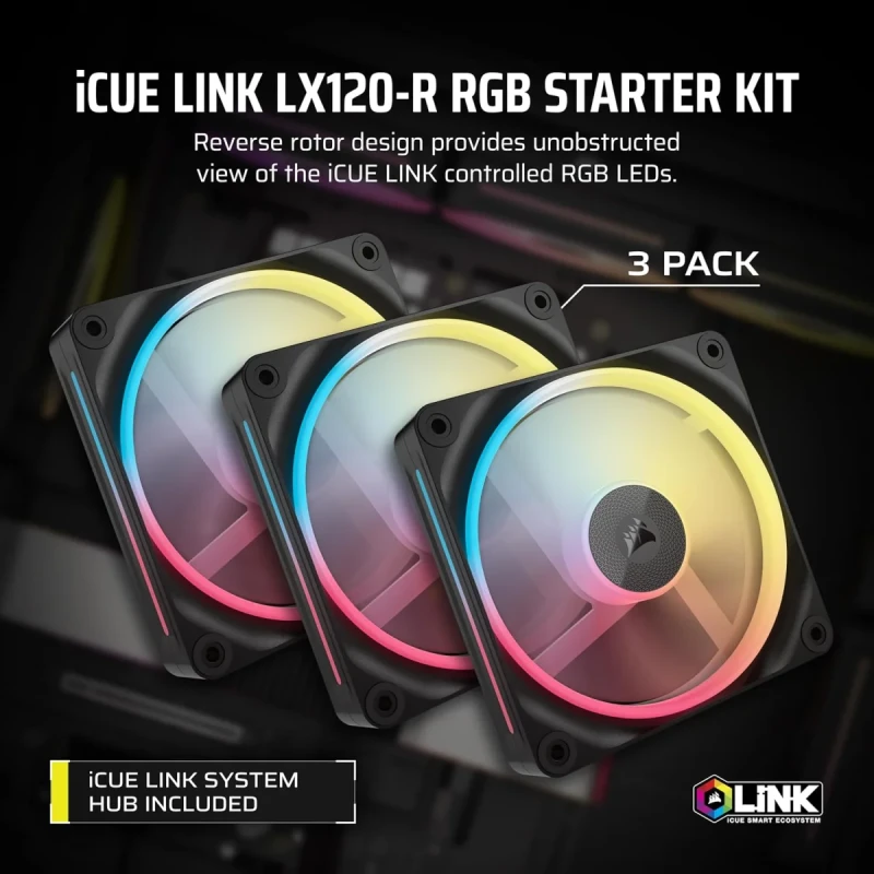 CORSAIR iCUE LINK LX120-R RGB 120mm PWM Reverse Fans Starter Kit – Reverse Fan Blade - Dual Light Loops - Easy iCUE LINK Connectivity - Magnetic Dome Bearing - Gallery Image