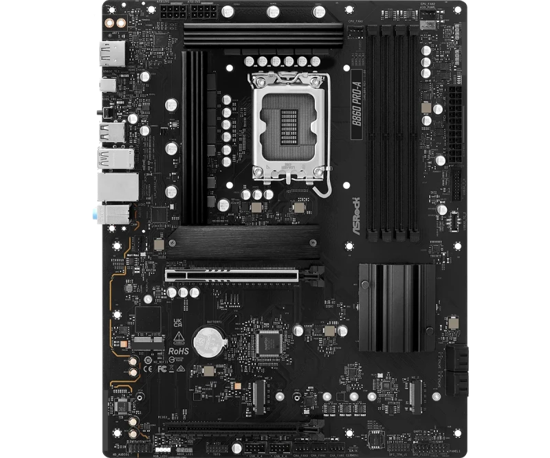 ASRock B860 Pro-A WiFi ATX Motherboard – Intel B860 Chipset, LGA1851 Socket, DDR5 up to 8666(OC), 4x DIMM Slots, 3x M.2 & 4x SATA III, Wi-Fi 6E & Bluetooth 5.3, 2.5Gb Ethernet, HDMI 2.1 & DisplayPort 1.4, Realtek ALC897 7.1 Audio - Gallery Image