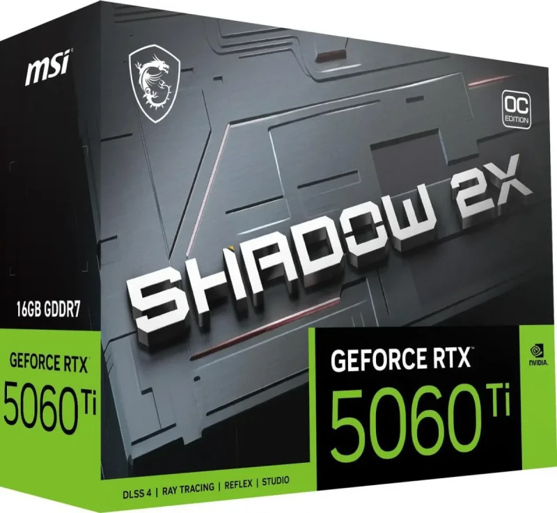 MSI SHADOW 2X OC PLUS GeForce RTX 5060 Ti 16GB – NVIDIA Next-Gen GPU, 16GB GDDR6, Boost Clock up to 2650 MHz, Dual-Fan SHADOW Cooling, Factory Overclock, Ray Tracing & DLSS, PCIe 4.0, HDMI/DP Outputs, 226 mm - Gallery Image