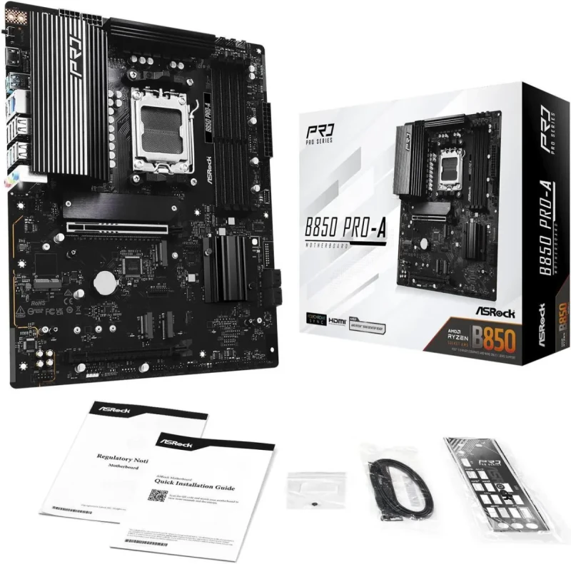 ASRock B850 Pro-A ATX Motherboard – AMD B850 Chipset, AM5 Socket for Ryzen 7000/8000/9000 Series, DDR5 Dual-Channel Memory, PCIe 5.0 x16 & PCIe 4.0 x16, 4x M.2 Slots, 4x SATA III, 2.5 Gb LAN (Dragon RTL8125BG), HDMI 2.1, USB 3.2 Gen2 Type-C & USB-A, Realtek ALC897 7.1 Audio - Gallery Image