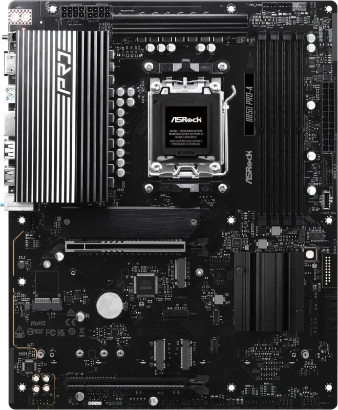 ASRock B850 Pro-A ATX Motherboard – AMD B850 Chipset, AM5 Socket for Ryzen 7000/8000/9000 Series, DDR5 Dual-Channel Memory, PCIe 5.0 x16 & PCIe 4.0 x16, 4x M.2 Slots, 4x SATA III, 2.5 Gb LAN (Dragon RTL8125BG), HDMI 2.1, USB 3.2 Gen2 Type-C & USB-A, Realtek ALC897 7.1 Audio - Gallery Image