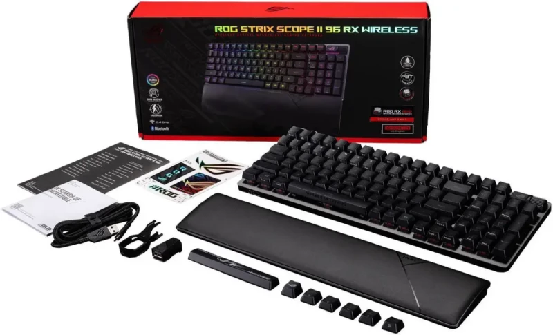 ASUS ROG Strix Scope II 96 RX Wireless Gaming Keyboard – 96% Layout, ROG RX Red Linear Optical Switches (Pre-Lubed), Tri-Mode Connectivity (2.4 GHz, Bluetooth, USB-C), Per-Key RGB, ABS Keycaps, Hotkeys, N-Key Rollover, PC & Mac Compatible, Black - Gallery Image