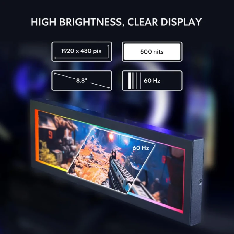 Lian Li 8.8" Universal LCD Display Screen - 1920x480 IPS Panel, USB Powered, HDMI Interface, AIDA64 Compatible, Custom System Monitoring Display, Slim Design for PC Cases, Plug and Play - Gallery Image