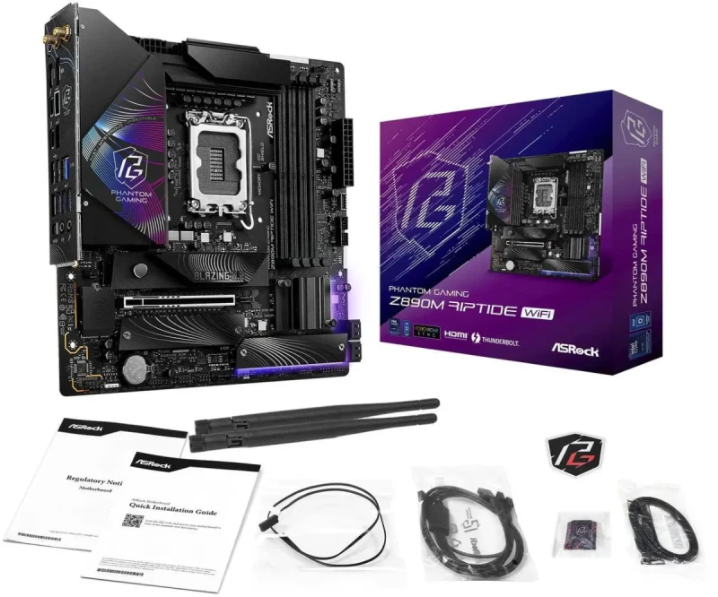ASRock Z890M Riptide WiFi Micro-ATX Motherboard – Intel Z890 Chipset for LGA1851 Core Ultra CPUs, 4x DDR5 Slots up to 9466 MHz OC, 1x PCIe 5.0 x16, 3x M.2 NVMe, Dual Thunderbolt 4, 802.11ax Wi-Fi 6E & Bluetooth 5.3, Killer 2.5 Gb LAN, HDMI 2.1 & DisplayPort, Realtek ALC897 7.1 Audio – Phantom Gaming Board - Gallery Image
