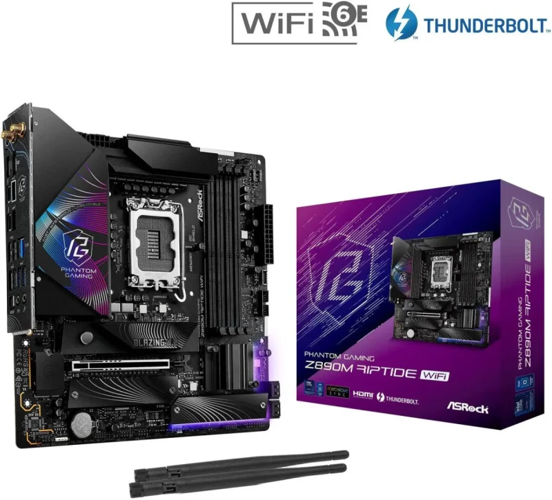 ASRock Z890M Riptide WiFi Micro-ATX Motherboard – Intel Z890 Chipset for LGA1851 Core Ultra CPUs, 4x DDR5 Slots up to 9466 MHz OC, 1x PCIe 5.0 x16, 3x M.2 NVMe, Dual Thunderbolt 4, 802.11ax Wi-Fi 6E & Bluetooth 5.3, Killer 2.5 Gb LAN, HDMI 2.1 & DisplayPort, Realtek ALC897 7.1 Audio – Phantom Gaming Board - Gallery Image