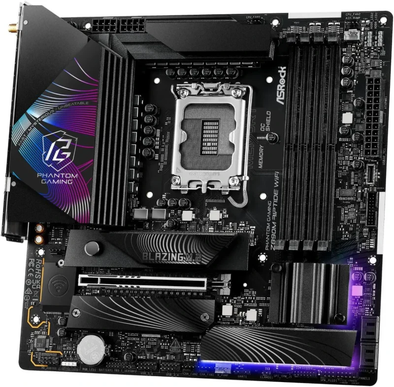 ASRock Z890M Riptide WiFi Micro-ATX Motherboard – Intel Z890 Chipset for LGA1851 Core Ultra CPUs, 4x DDR5 Slots up to 9466 MHz OC, 1x PCIe 5.0 x16, 3x M.2 NVMe, Dual Thunderbolt 4, 802.11ax Wi-Fi 6E & Bluetooth 5.3, Killer 2.5 Gb LAN, HDMI 2.1 & DisplayPort, Realtek ALC897 7.1 Audio – Phantom Gaming Board - Gallery Image