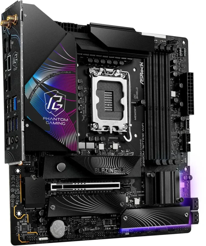 ASRock Z890M Riptide WiFi Micro-ATX Motherboard – Intel Z890 Chipset for LGA1851 Core Ultra CPUs, 4x DDR5 Slots up to 9466 MHz OC, 1x PCIe 5.0 x16, 3x M.2 NVMe, Dual Thunderbolt 4, 802.11ax Wi-Fi 6E & Bluetooth 5.3, Killer 2.5 Gb LAN, HDMI 2.1 & DisplayPort, Realtek ALC897 7.1 Audio – Phantom Gaming Board - Gallery Image