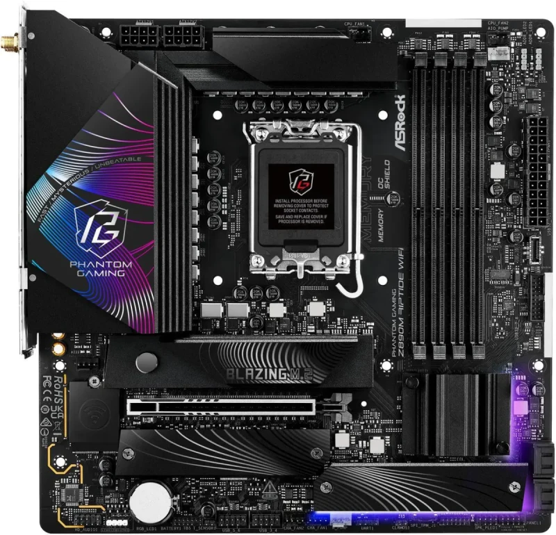 ASRock Z890M Riptide WiFi Micro-ATX Motherboard – Intel Z890 Chipset for LGA1851 Core Ultra CPUs, 4x DDR5 Slots up to 9466 MHz OC, 1x PCIe 5.0 x16, 3x M.2 NVMe, Dual Thunderbolt 4, 802.11ax Wi-Fi 6E & Bluetooth 5.3, Killer 2.5 Gb LAN, HDMI 2.1 & DisplayPort, Realtek ALC897 7.1 Audio – Phantom Gaming Board - Gallery Image