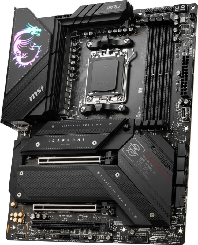 MSI MPG X670E CARBON WIFI AM5 ATX Motherboard – AMD X670E Chipset, Socket AM5 for Ryzen 7000/8000 Series, DDR5 Dual-Channel up to 7800+ MHz (OC), 4x M.2 (PCIe 5.0 & PCIe 4.0), PCIe 5.0 x16, Wi-Fi 6E & Bluetooth 5.2, 2.5G LAN, USB 3.2 Gen2x2 Type-C & Lightning USB 20G, Mystic Light RGB - Gallery Image