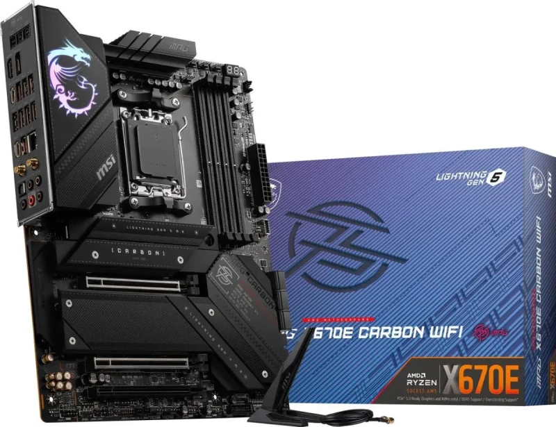 MSI MPG X670E CARBON WIFI AM5 ATX Motherboard – AMD X670E Chipset, Socket AM5 for Ryzen 7000/8000 Series, DDR5 Dual-Channel up to 7800+ MHz (OC), 4x M.2 (PCIe 5.0 & PCIe 4.0), PCIe 5.0 x16, Wi-Fi 6E & Bluetooth 5.2, 2.5G LAN, USB 3.2 Gen2x2 Type-C & Lightning USB 20G, Mystic Light RGB - Gallery Image