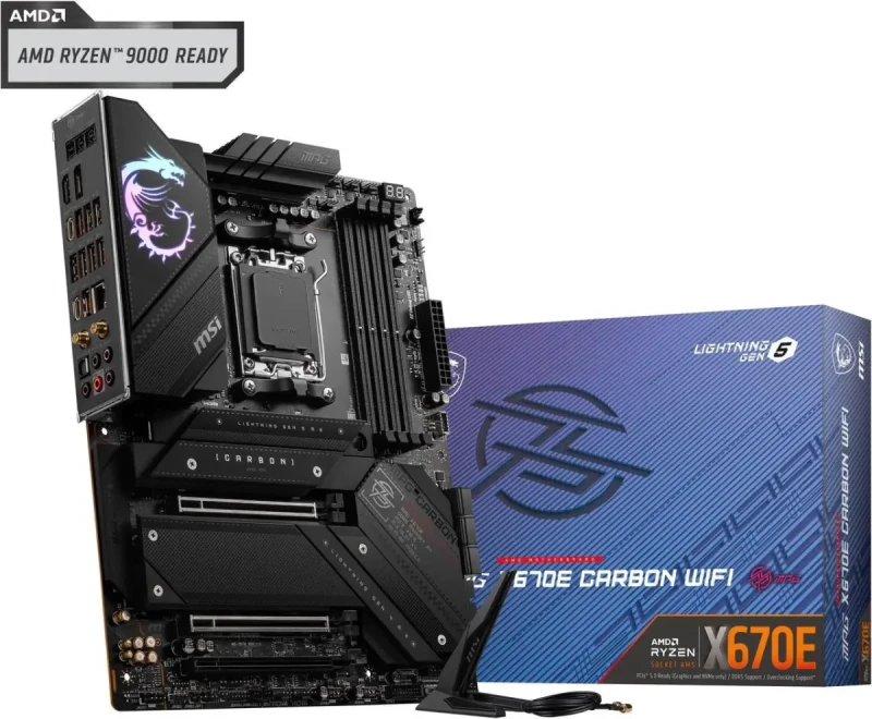 MSI MPG X670E CARBON WIFI AM5 ATX Motherboard – AMD X670E Chipset, Socket AM5 for Ryzen 7000/8000 Series, DDR5 Dual-Channel up to 7800+ MHz (OC), 4x M.2 (PCIe 5.0 & PCIe 4.0), PCIe 5.0 x16, Wi-Fi 6E & Bluetooth 5.2, 2.5G LAN, USB 3.2 Gen2x2 Type-C & Lightning USB 20G, Mystic Light RGB - Gallery Image