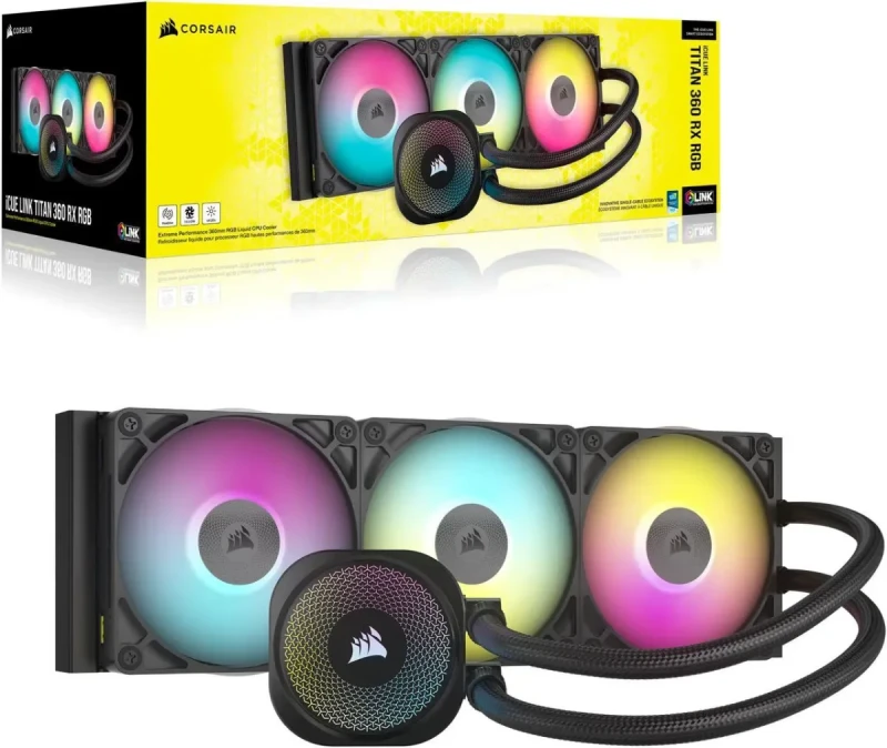 Corsair iCUE LINK TITAN 360 RX RGB 360 mm AIO Liquid CPU Cooler – FlowDrive Pump with Three-Phase Motor, 3x RX120 RGB PWM Fans (300–2100 RPM, 73.5 CFM), Aluminum Radiator (396x120x27 mm), iCUE LINK Single-Cable Control, Copper Cold Plate, Intel LGA1851/1700 & AMD AM5/AM4 Support, Black/White Options - Gallery Image