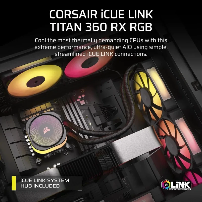 Corsair iCUE LINK TITAN 360 RX RGB 360 mm AIO Liquid CPU Cooler – FlowDrive Pump with Three-Phase Motor, 3x RX120 RGB PWM Fans (300–2100 RPM, 73.5 CFM), Aluminum Radiator (396x120x27 mm), iCUE LINK Single-Cable Control, Copper Cold Plate, Intel LGA1851/1700 & AMD AM5/AM4 Support, Black/White Options - Gallery Image