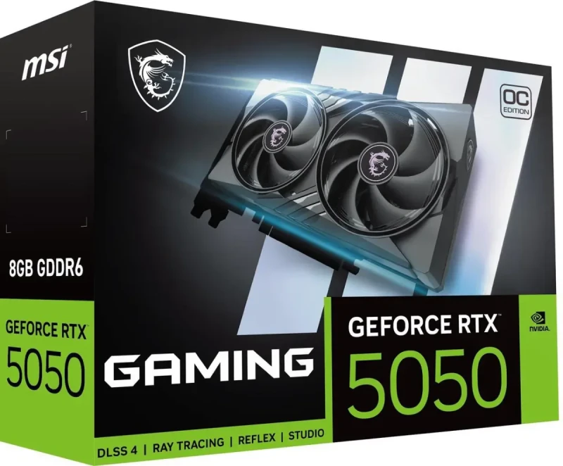 MSI GAMING OC GeForce RTX 5050 8GB Black 202 mm Graphics Card – NVIDIA GeForce RTX 5050 GPU, 2560 CUDA Cores, 8 GB GDDR6 128-bit Memory, PCIe 5.0 x16 (uses x8), Boost ~2632 MHz, MSI TWIN FROZR 10 Dual-Fan Cooling, 1x HDMI 2.1b & 3x DisplayPort 2.1b, 130 W, Compact Full-Height Design for 1080p/1440p Gaming - Gallery Image