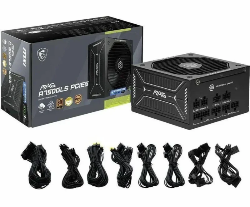MSI MAG A750GLS PCIE5 750W Fully Modular ATX 3.1 Power Supply - 80 Plus Gold Certified, PCIe 5.1 Ready, Native 12V-2x6 GPU Cable, Compact Design, Low-Noise Cooling Fan, Embossed Sleeved Cables, Industrial-Grade Capacitors, 10-Year Warranty, Black - Gallery Image
