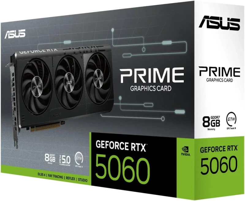 ASUS PRIME GeForce RTX 5060 8GB Black – NVIDIA Next-Gen GPU, 8GB GDDR6, Boost Clock up to 2550 MHz, Triple-Fan PRIME Cooling, Factory Overclock, Ray Tracing & DLSS, PCIe 4.0, HDMI/DP Outputs, 268 mm - Gallery Image