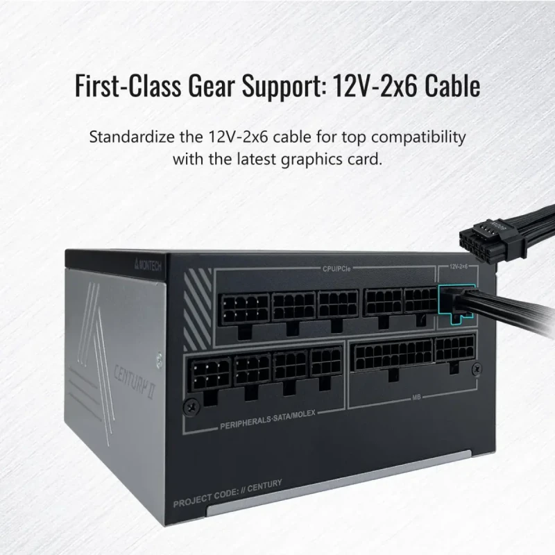 MONTECH CENTURY II 1050W Fully Modular ATX 3.1 Gaming Power Supply - 80 Plus Gold / Cybenetics Platinum Certified, PCIe 5.1 Ready 12V-2x6 Cable, High Efficiency PSU, Zero RPM Smart Fan, Japanese Capacitors, Ultra Low Noise Design, 10-Year Warranty, Black - Gallery Image