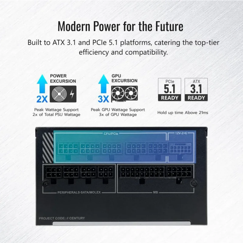 MONTECH CENTURY II 1050W Fully Modular ATX 3.1 Gaming Power Supply - 80 Plus Gold / Cybenetics Platinum Certified, PCIe 5.1 Ready 12V-2x6 Cable, High Efficiency PSU, Zero RPM Smart Fan, Japanese Capacitors, Ultra Low Noise Design, 10-Year Warranty, Black - Gallery Image