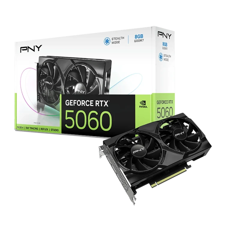 PNY GeForce RTX 5060 8GB GDDR7 Dual-Fan PCIe 5.0 x8 Graphics Card – NVIDIA Blackwell GPU, 3840 CUDA Cores, 2497 MHz Boost, 128-bit 8 GB Memory, 3x DisplayPort 2.1b & HDMI 2.1b, 200 mm Compact Black Gaming GPU - Gallery Image