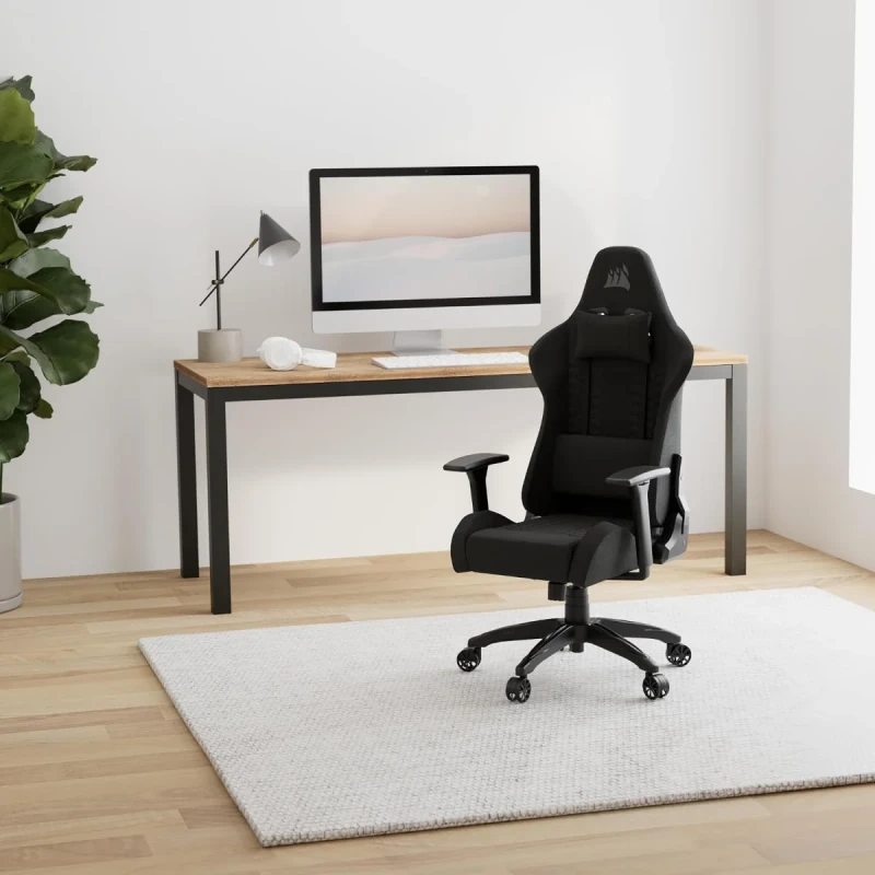 Corsair TC100 Relaxed Gaming Chair - Black Fabric, Racing-Inspired Design, Adjustable Lumbar Cushion, Removable Memory Foam Neck Pillow, Reclining Backrest - Gallery Image