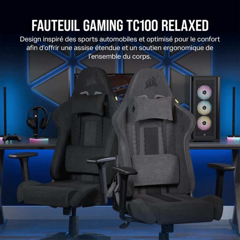 Corsair TC100 Relaxed Gaming Chair - Black Fabric, Racing-Inspired Design, Adjustable Lumbar Cushion, Removable Memory Foam Neck Pillow, Reclining Backrest - Gallery Image