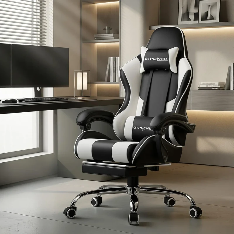 GTPLAYER GT800A Gaming Chair - White PU Leather, Lumbar Massage, Retractable Footrest, 135° Reclining Backrest, Adjustable Armrests, 150kg Weight Capacity - Gallery Image