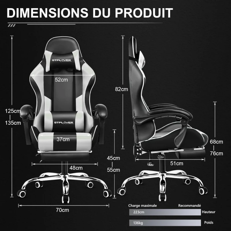 GTPLAYER GT800A Gaming Chair - White PU Leather, Lumbar Massage, Retractable Footrest, 135° Reclining Backrest, Adjustable Armrests, 150kg Weight Capacity - Gallery Image
