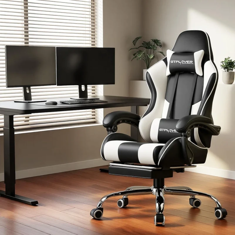 GTPLAYER GT800A Gaming Chair - White PU Leather, Lumbar Massage, Retractable Footrest, 135° Reclining Backrest, Adjustable Armrests, 150kg Weight Capacity - Gallery Image