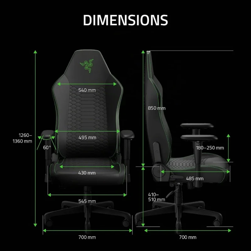 Razer Iskur V2 X NewGen Ergonomic Gaming Chair - Black 2nd Gen PU Leather, CoolTouch Technology, Integrated Lumbar Support, Wide Shoulder Arches, Ergonomic Design - Gallery Image
