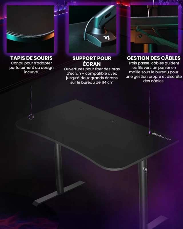 Arozzi Arena Gaming Desk Small - Intense Black, Full-Surface Water-Resistant Mouse Pad, Cable Management, Steel Frame, Compact Gaming Desk - Gallery Image