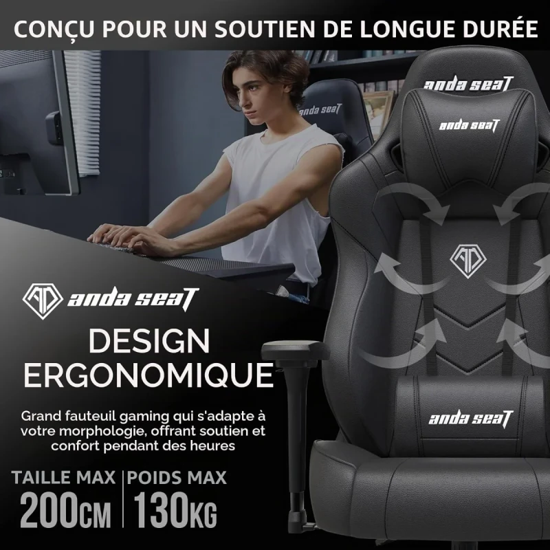 AndaSeat Dark Demon Dragon Pro Gaming Chair - Black PVC Leather, Ergonomic Design, Reclining Backrest, Adjustable Lumbar Support, Neck Pillow, High Backrest, Large Size - Gallery Image