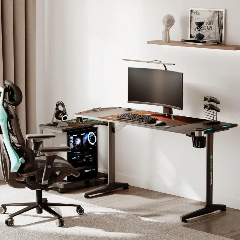 Eureka Ergonomic i-Series ERK-GIP-55B Gaming Desk - 55" (140cm), RGB LED Lighting, Cable Management, Ergonomic Computer Desk, Black - Gallery Image