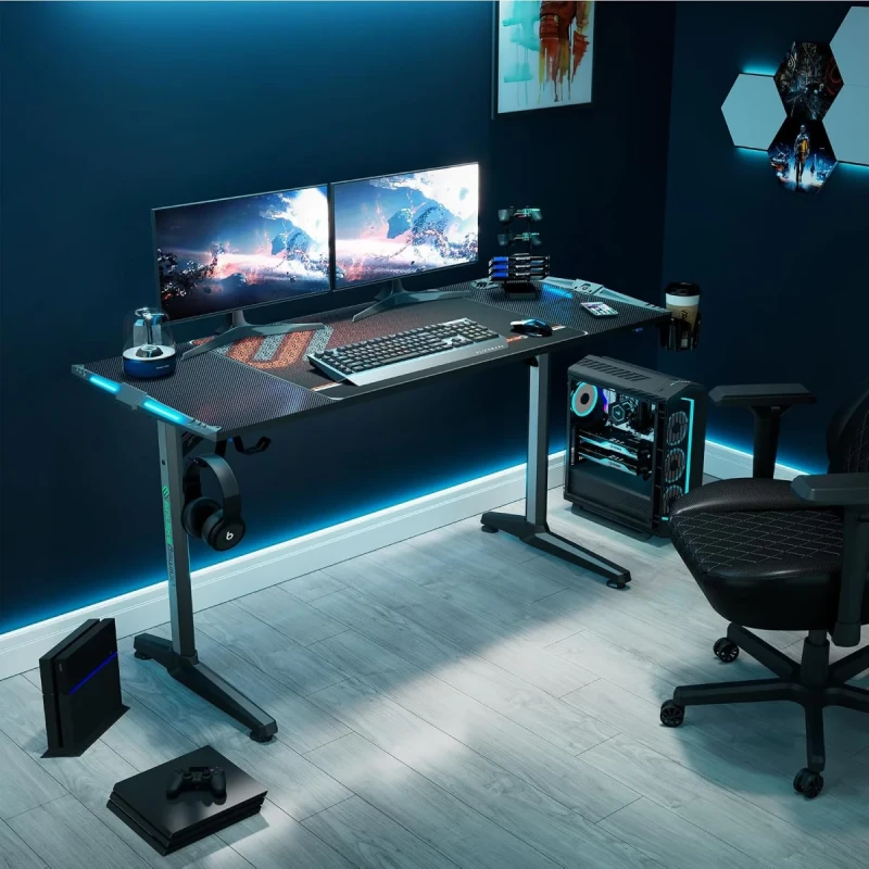 Eureka Ergonomic i-Series ERK-GIP-55B Gaming Desk - 55" (140cm), RGB LED Lighting, Cable Management, Ergonomic Computer Desk, Black - Gallery Image