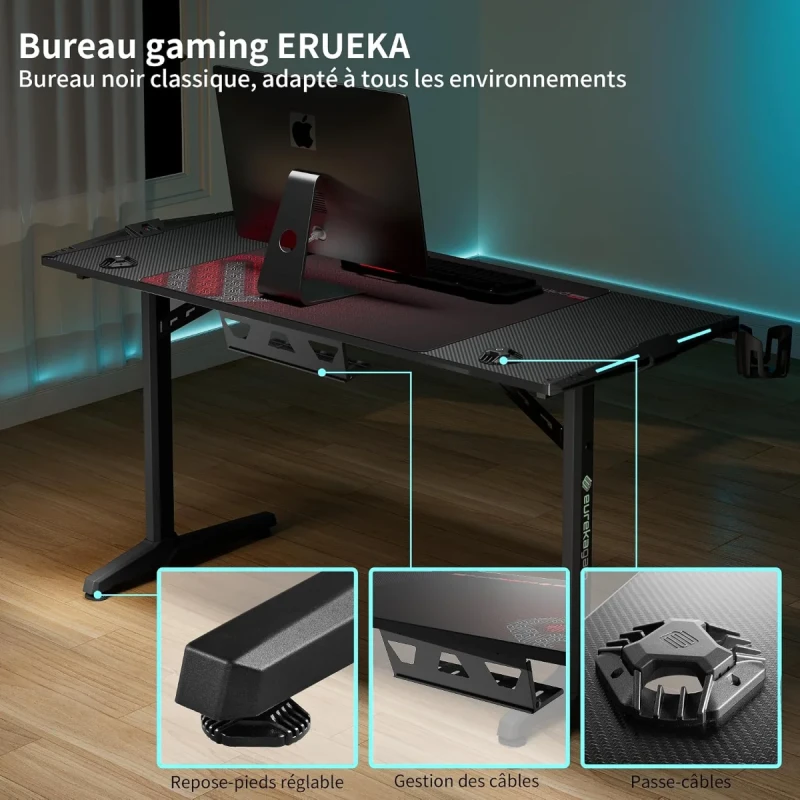 Eureka Ergonomic i-Series ERK-GIP-55B Gaming Desk - 55" (140cm), RGB LED Lighting, Cable Management, Ergonomic Computer Desk, Black - Gallery Image