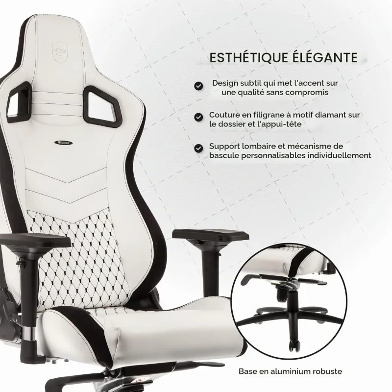 noblechairs EPIC Gaming Chair - White/Black PU Synthetic Leather, Ergonomic Design, Adjustable 4D Armrests, Reclining Backrest, Lumbar & Neck Cushions, Steel Frame - Gallery Image