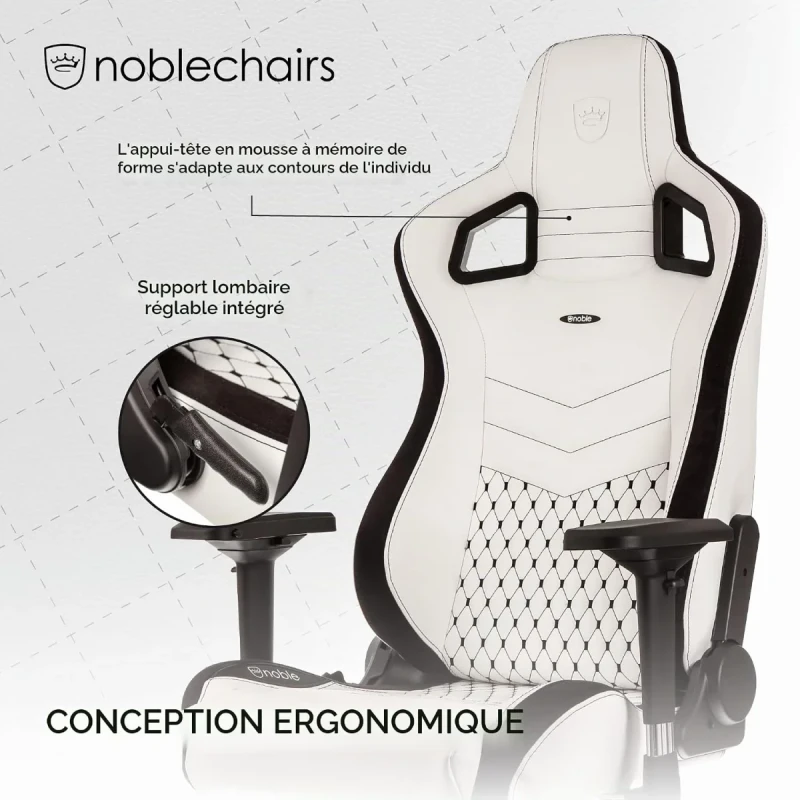 noblechairs EPIC Gaming Chair - White/Black PU Synthetic Leather, Ergonomic Design, Adjustable 4D Armrests, Reclining Backrest, Lumbar & Neck Cushions, Steel Frame - Gallery Image